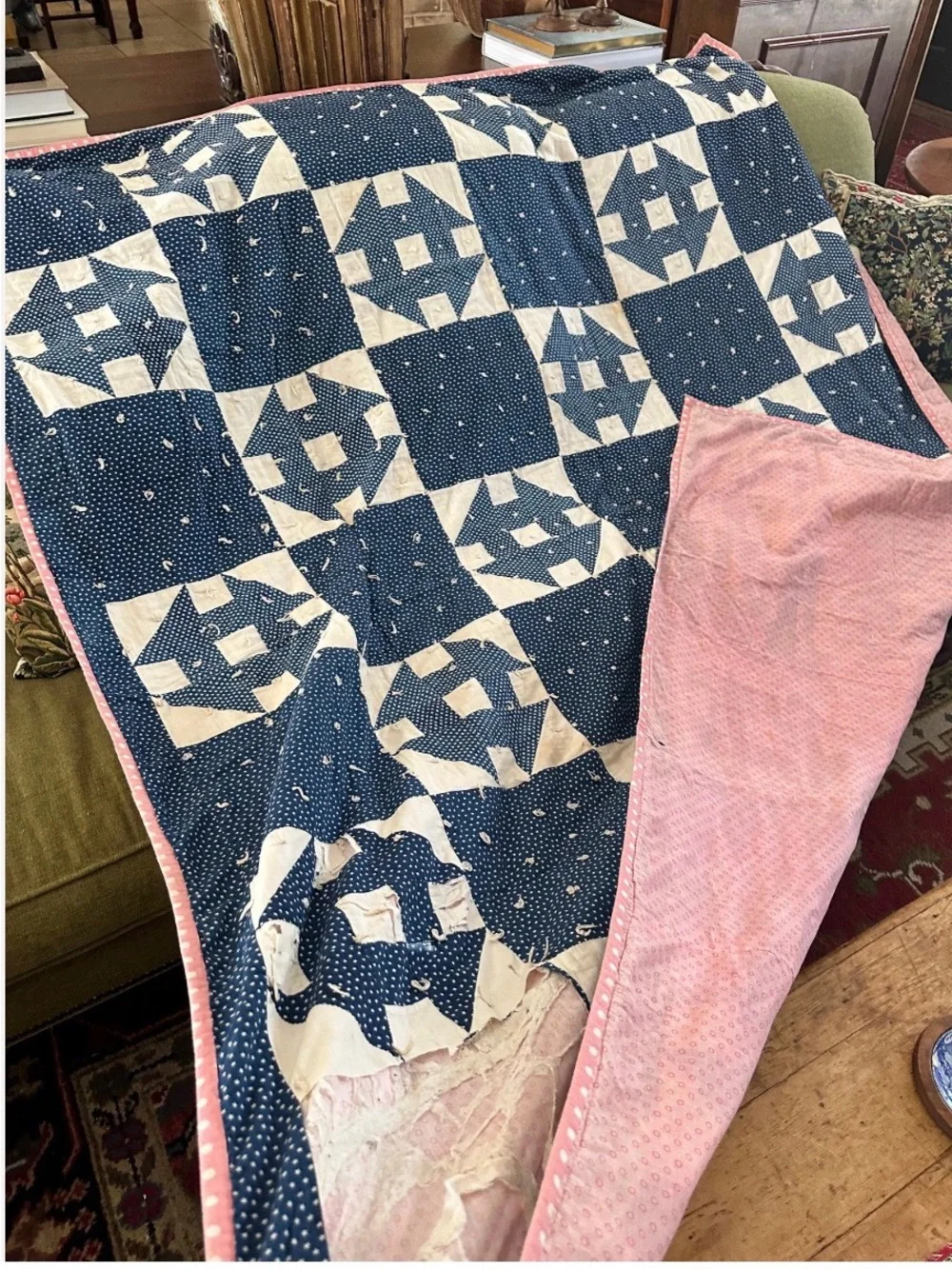 Antique Hole in the Wall Blue and White Patchwork Quilted Blanket
